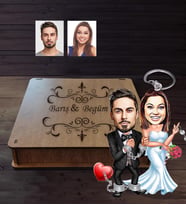 Kişiye Özel Gelin Damat Karikatürlü Ahşap Anahtarlık Kutulu  Mod-7