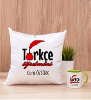 Türkçe Öğretmeni Kare Yastık ve Yeşil Kupa Bardak