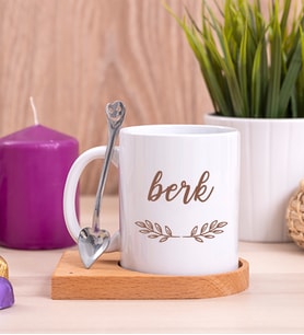 Erkeklere Hediye Ahşap Altlıklı Beyaz Kupa Bardak
