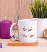 Erkeklere Hediye Ahşap Altlıklı Beyaz Kupa Bardak