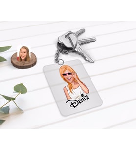 BK Gift Kişiye Özel Kadın Karikatürlü Şeffaf Pleksi Anahtarlık-18 (Beyaz)