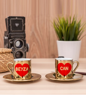 İsim Yazılı Kırmızı Kalpli İkili Gold Kahve Fincanı Takımı