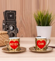 İsim Yazılı Kırmızı Kalpli İkili Gold Kahve Fincanı Takımı