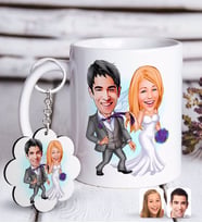 BK Gift Kişiye Özel Evleniyoruz Karikatürlü Beyaz Kupa ve Anahtarlık Hediye Seti-6 (Model 1)