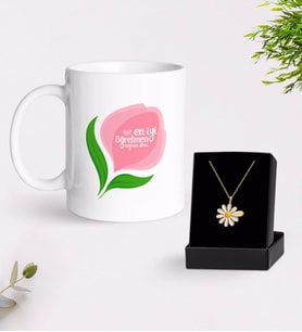 BK Gift Kişiye Özel En İyi Öğretmen Kupa Ve Papatya Kolye Hediye Seti-14 (Model 1)