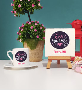 Love Yourself Tasarımlı Kişiye Özel Hediye Türk Kahvesi Fincanı ve Dekoratif Taş Baskı Seti