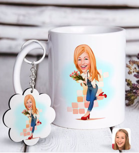 BK Gift Kişiye Özel Bayan Karikatürlü Beyaz Kupa ve Anahtarlık Hediye Seti-13 (Model 1)