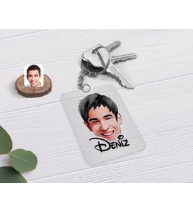 BK Gift Kişiye Özel Erkek Yüz Karikatürlü Şeffaf Pleksi Anahtarlık-2 (Beyaz)