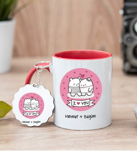 Aşık Çiftlere Özel Kırmızı Kupa Bardak Ve Anahtarlık Set