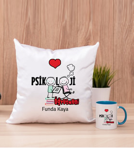 Psikoloji Öğretmeni Kare Yastık ve Mavi Kupa Bardak