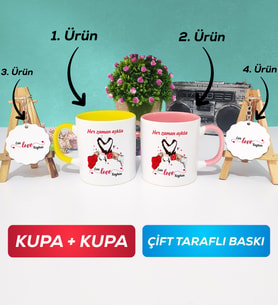 İkili Sarı Pembe Sevgiliye Sevgililer Günü Hediyesi 10 Kupa Bardak Anahtarlık