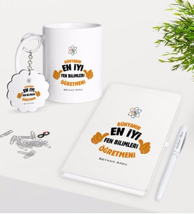 BK Gift Kişiye Özel Fen Bilimleri Öğretmeni Kupa Anahtarlık Beyaz Defter Kalem Hediye Seti-1 (Model 1)