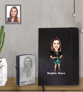 Kişiye Özel Öğretmen Karikatürlü Siyah Defter Çakmak Hediye Seti Bayan-7 (Model 1)