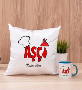 Aşçı Kare Yastık ve Mavi Kupa Bardak