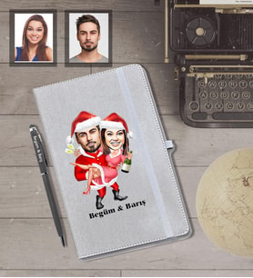 Kişiye Özel Yılbaşı Sevgili Karikatürlü Gri Defter Kalem Hediye Seti Model-2