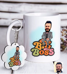 BK Gift Kişiye Özel Erkek Big Boss Karikatürlü Beyaz Kupa ve Anahtarlık Hediye Seti-3 (Model 1)
