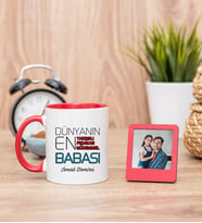 Dünyanın En İyi Babası Kırmızı Kupa Bardak ve Kırmızı Mini Fotoğraf Çerçevesi