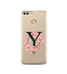 Pembe Çiçekli Harf Tasarım Süper Şeffaf Silikon Telefon Kılıfı Huawei Y9 2018 Y-