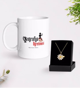 BK Gift Kişiye Özel Coğrafya Öğretmeni Beyaz Kupa ve Papatya Kolye Hediye Seti-2 (Model 1)