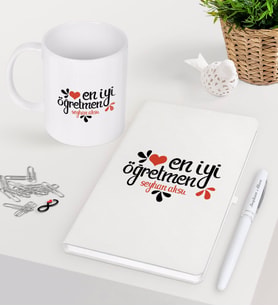 BK Gift Kişiye Özel En İyi Öğretmen Beyaz Defter Kalem Kupa Seti-6 (Model 1)