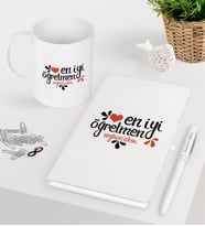BK Gift Kişiye Özel En İyi Öğretmen Beyaz Defter Kalem Kupa Seti-6 (Model 1)
