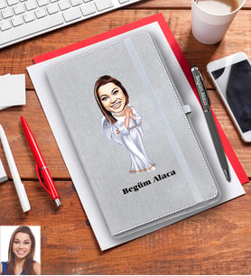 Kişiye Özel Bayan Karikatürlü Gri Defter Kalem Hediye Seti Model-8
