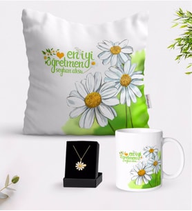 BK Gift Kişiye Özel Papatya Temalı En İyi Öğretmen Beyaz Kupa Yastık ve İsimli Papatya Kolye Hediye Seti-7 (Model 1)