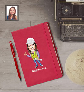 Kişiye Özel Mühendis Karikatürlü Kırmızı Defter Kalem Hediye Seti   Bayan-2
