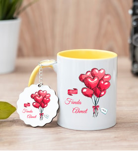 Sevgililere Özel Balon Tasarım Sarı Kupa Bardak Ve Anahtarlık Set