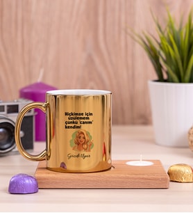 Canım Kendim Ahşap Altlıklı Mumlu Gold Kupa Bardak