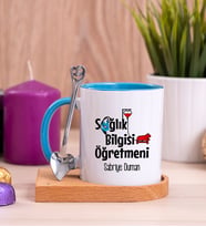 Sağlık Bilgisi Öğretmeni Ahşap Altlıklı Mavi Kupa Bardak