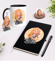 BK Gift Kişiye Özel Kadın Kuaför Karikatürlü Siyah Defter Kalem Kupa ve Anahtarlık Hediye Seti-2 (Model 1)