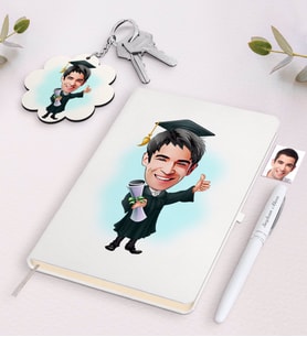 BK Gift Kişiye Özel Erkek Mezun Karikatürlü Beyaz Defter Kalem ve Anahtarlık Hediye Seti (Model 1)