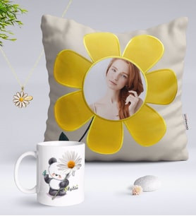 BK Gift Kişiye Özel Fotoğraflı Papatya Yastık Kupa ve İsimli Papatya Kolye-9 (Model 1)