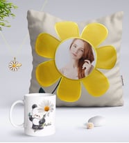 BK Gift Kişiye Özel Fotoğraflı Papatya Yastık Kupa ve İsimli Papatya Kolye-9 (Model 1)