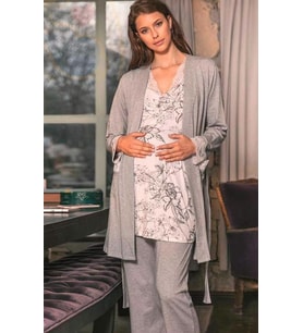 Anıl 5543 Gri Pembe  Dantel Detaylı Hamile Lohusa 3 Lü Pijama  Sabahlık Takımı