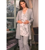 Anıl 5543 Gri Pembe  Dantel Detaylı Hamile Lohusa 3 Lü Pijama  Sabahlık Takımı