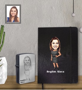 Kişiye Özel Öğretmen Karikatürlü Siyah Defter Çakmak Hediye Seti Bayan-9 (Model 1)