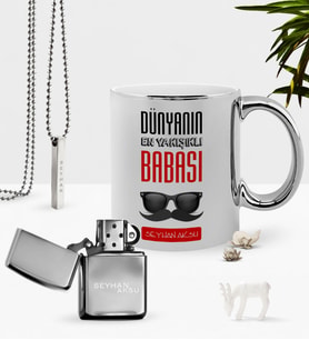 BK Gift Kişiye Özel Dünyanın En Yakışıklı Babası Krom Kupa Benzinli Çakmak Kolye Seti-2 (Model 1)