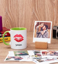 Dudak Tasarım Yeşil Kupa Bardak ve Ahşap Standlı Polaroid Set
