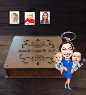Kişiye Özel Aile Karikatürlü Ahşap Anahtarlık Kutulu  Mod-3