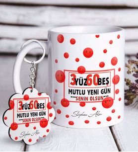 BK Gift Kişiye Özel 365 Mutlu Yeni Gün Beyaz Kupa ve Anahtarlık Hediye Seti-1 (Model 1)