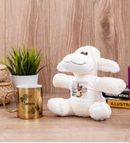 İsme Özel Çiçek Desenli Gold Kupa Bardak ve Peluş Koyun