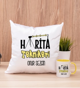 Harita Teknikeri Kare Yastık ve Sarı Kupa Bardak