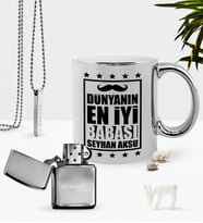 BK Gift Kişiye Özel Dünyanın En İyi Babası Krom Kupa Benzinli Çakmak Kolye Seti-5 (Model 1)