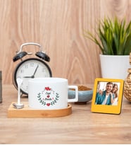 Sevgiliye Hediye İsim ve Kalpli Fincan ve Turuncu Mini Fotoğraf Çerçevesi