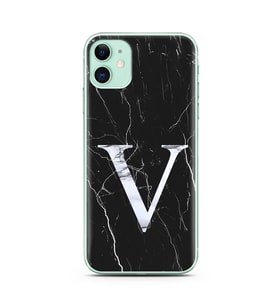 Iphone 11 Siyah Mermer Harf Tasarımlı Telefon Kılıfı V-Harfi 