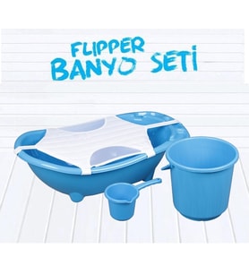 Flipper Bebek Banyo Küvet Seti - Bebek Banyo Küveti - 5 Parça - Sünger ve File Hediyeli (Mavi)