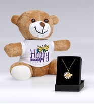 BK Gift Kişiye Özel İsimli Papatya Kolye ve Happy Birthday Peluş Ayıcık Hediye Seti-5 (Model 1)