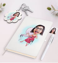 BK Gift Kişiye Özel Kadın Karikatürlü Beyaz Defter Kalem ve Anahtarlık Hediye Seti-23 (Model 1)